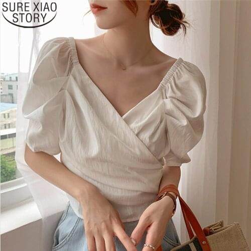 Summer 2021 New Tops White Chiffon Blouse Fashion V-necl Chic Elegant Puff Sleeve Women Blouses Solid Casual Blusas Mujer 14277
