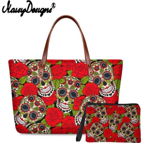 Noisydesigns 2021 Women Tote Bags Rose Flower With Skull Printed Handbags and Coin Purse Designer Shoulder Bucket Sac a main