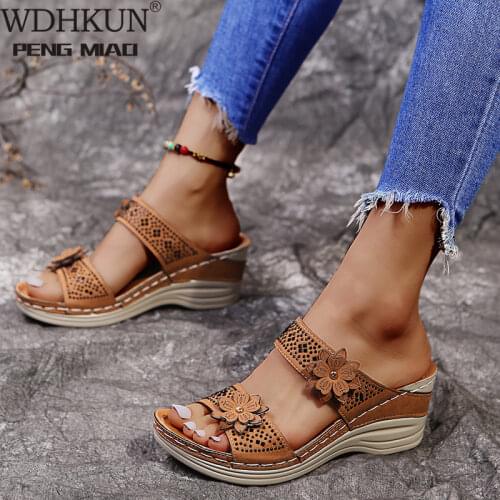 2021 Summer Women Casual Shoes Vintage Flower Fish Mouth Sandals Women Rhinestone Mid Heels Wedge Sandals Open Toes Large Size
