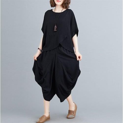 Summer Large Size Loose Fashion Suit Bat Sleeve Irregular Top+Elastic Waist Lantern Cropped Trousers Solid Color Two-Piece Women