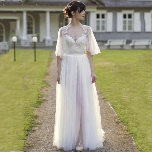 Scoop Half Sleeves Appliques Lace Split Tulle Backless A-Line Boho 2021 Wedding Dress Bridal Gown Vestido De Novia