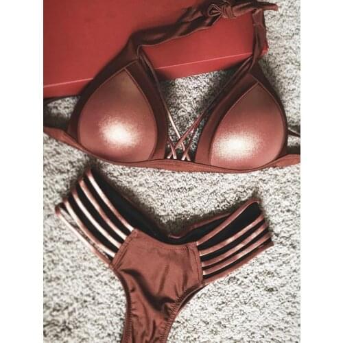 2019 Sexy Hollow Out Swimsuit Backless Bathing Suit Women Thong Swimsuit Halter Top Strip Bikini Set Push Up Swimwear Biquini