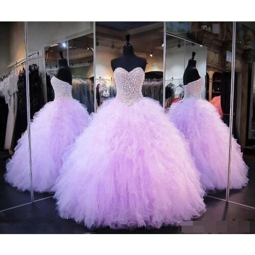 2019 Lilac Quinceanera Ball Gown Dresses Sweetheart Beaded Pearl Ruffles Corset Back Puffy Plus Size Formal Party Prom dress