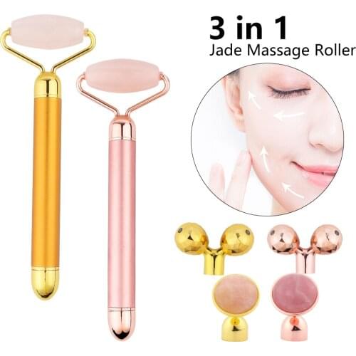 3 In 1 Face Slimming Lifting Massager Rose Quartz Electric Jade Roller Set Vibrating Jade Roller Stone with 3 Replaceable Heads