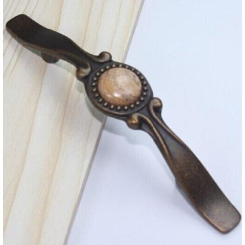 76mm natural gemstones furniture decoration handle Antique brass drawer kitchen cabinet pull Bronze dresser cupboard door knob3"