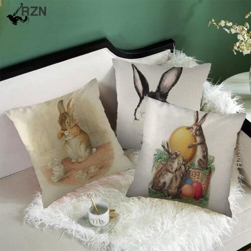 Beige Linen Cushion Cover Grey Rabbit Pattern Pillow Cover for Home Chair Sofa and Car Decorative Pillowcases 45x45cm