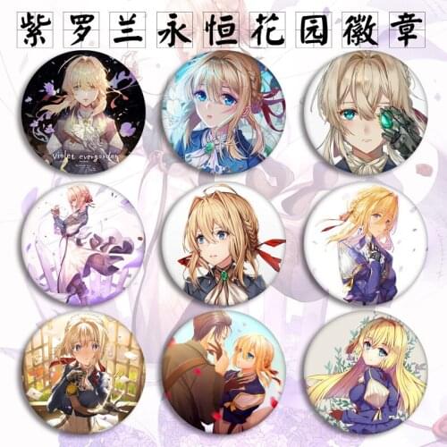 Tinplate Brooch Jewelry Japan Novel Violet Evergarden Comics Figure Benedict Blue Gilbert Bougainvillea Painting Lapel Pins NEW