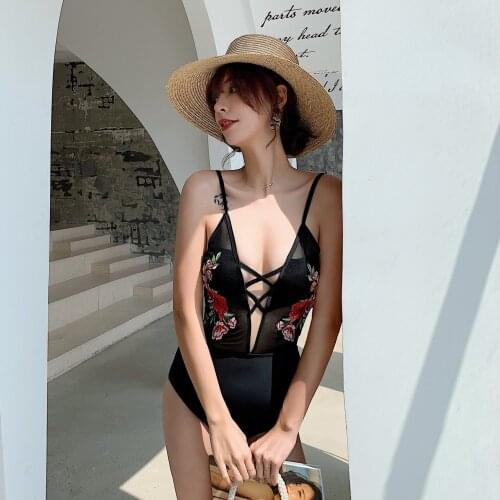 Deep V One Piece Embroidered Swimsuit Perspective Backless Hollow Bikini Sexy Strap Slim Beach Suit sexy swimsuit