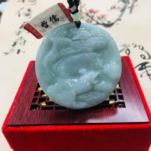 Zheru pure natural Jadeite carved light green round phoenix pendant with green bead chain sweater chain Send A certificate