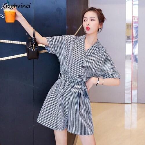 Rompers Women Plaid Turn-down Collar Sashes Elegant Retro Office Ladies Summer Female Clothing Fashion High Street Casual Chic