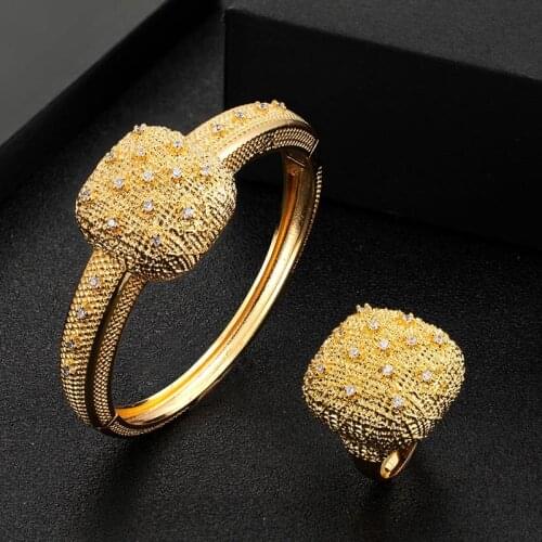 Zlxgirl jewelry Nigerian Mother Gold bangle&Bracelet Ring Set High-end Wedding Jewelry Set Dubai Gold zirconia bracelet sets