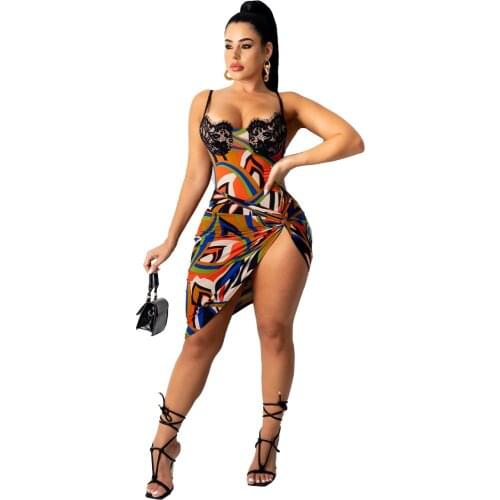 Cutubly Skirt Two 2 Piece Sets Outfits Lace Straps Playsuit Top And Bandage Slit Skirts Suit Print Tight Sexy Skirt Matching Set