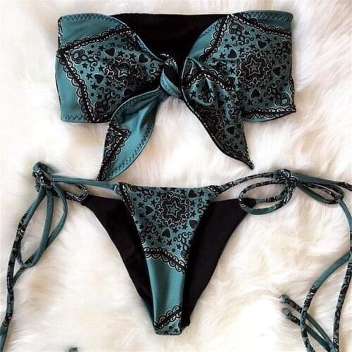 2021 new swimsuit high waist strap two-piece large size printed swimsuit female back retro bikini beach swimsuit