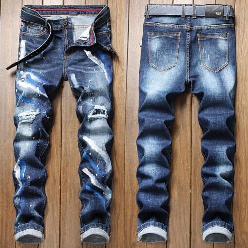 2021 Men’s Paint Prints Elastic Denim Pants,Slim-fit Ripped Hole Patched Blue Jeans,Street-fashion Casual Pants,Youth Cool Must