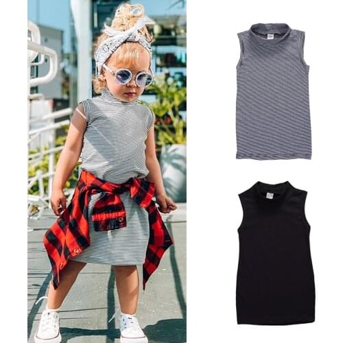 Newly Toddler Baby Girls Summer Dress Striped Print Cotton Turtleneck Sleeveless Straight Mini Dress