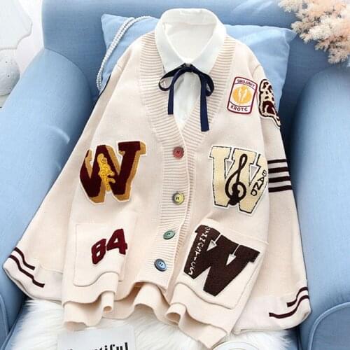 New Letter Embroidery V Neck Knit Cardigan Jacket Women Winter Harajuku Loose Knitshirt Coat 2021 Korean Knit Sweater Tops