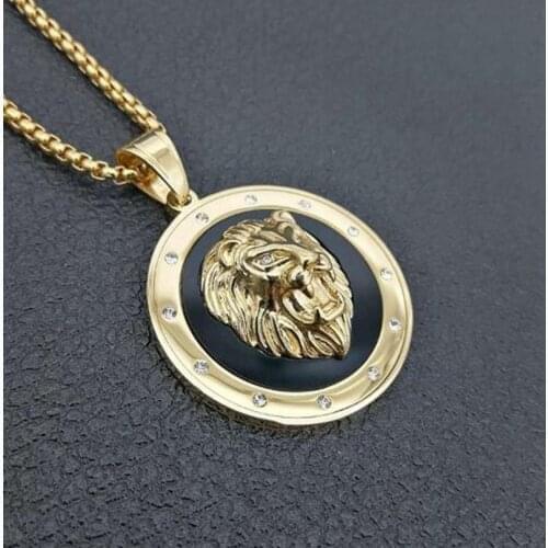 Hip Hop Round Lion Necklace Two Tone Punk Animal Lion Head Pendant Necklace Mens Jewelry