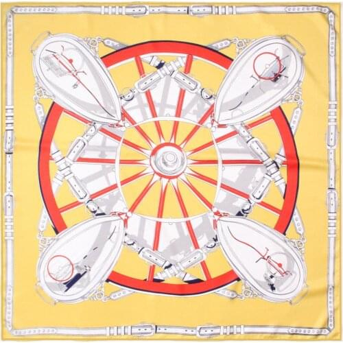 POBING Manual Hand Rolled Twill Silk Scarf Women Wheel Belt Print Square Scarves Echarpes Foulards Femme Wrap Bandana Hijab 90CM