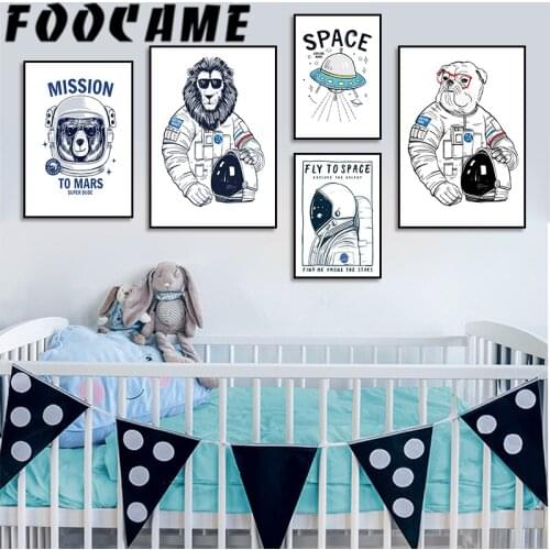 Nordic Astronaut Spaceship Cartoon Line Animal Children Room Decor Painting Print Picture Poster Baby Nursery Wall Art Canvas