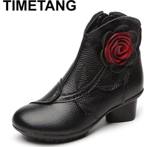 TIMETANG New Folk Style Floral Female Shoes Winter Comfortable Genuine Leather Ankle Boots for Women All Match Retro Boots C313
