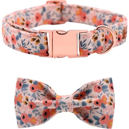 Unique Style Paws Dog Collar Pink Rose Flower Print Cotton Fabric Dog Collar and Bow