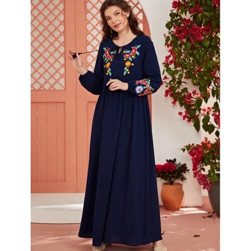 Bohemian Embroidery Maxi Dress Plus Size Loose Turkey Arabic Abaya Kimono Dubai 2021 Caftan Marocain Islamic Clothing for Women
