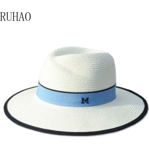 RUHAO Women Summer Beach Sun Cap 2019 New Brand Flat Top Straw Hat Men Boater Hats Bone Feminino wide brim floppy hat