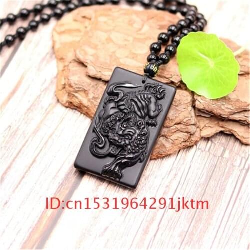 Women Beads Charm Chinese Pendant Gifts Jade for Fashion Natural Pixiu Tiger Natural Amulet Jewelry Obsidian Black Necklace