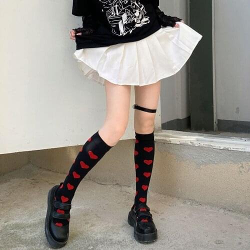 Women Harajuku Punk Black Red Polka Dot / Love Heart Pattern Socks Gothic Lolita Cosplay Stockings Streetwear Cotton Long Sock