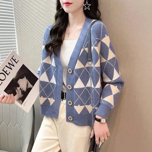 Women Cota Autumn Winter Korean External Wear Sweater Cardigan Fashion Color Contrast knitwear Ladies All-Match Top TT0019