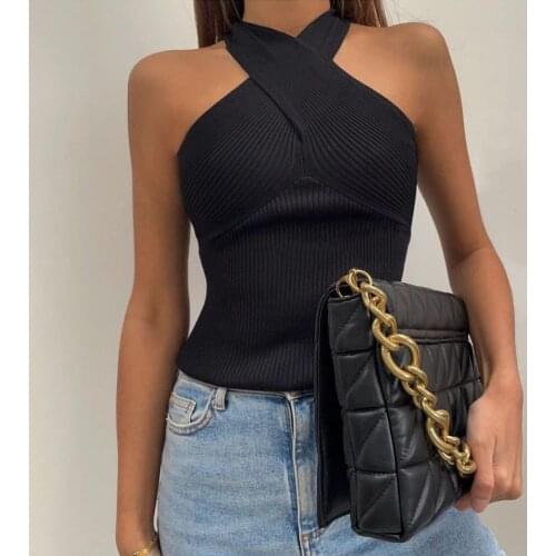 2021 womens Za sexy fashion cross shoulder belt knitted vest retro Strapless slim fit womens CAMIS chic top