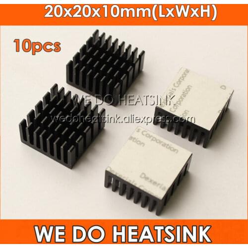 WE DO HEATSINK 10pcs 20x20x10mm Black Anodized and Slotted Aluminum Heatsink With Thermal Adhesive Double Sided Tape