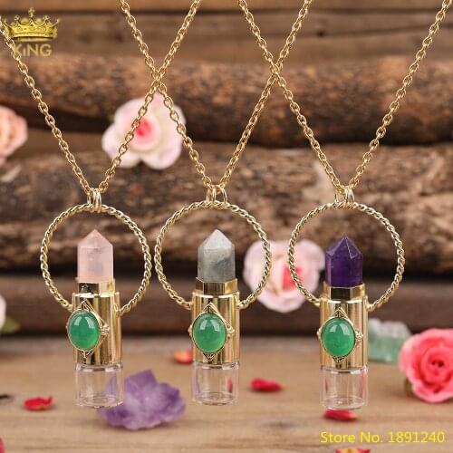 2ML Latest Women Amethysts Quartz Essential Oil Diffuser Roller Bottle Pendant Chains Necklace Women Gold Stone Roll On Jewelry
