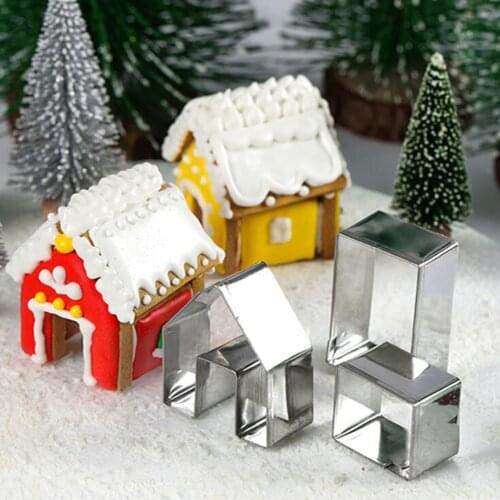 3Pcs Mini House Scenery Christmas Cookie Cutter Set Cookie Biscuit Mold Steel Gingerbread House Fondant Cutter Candy Moulds