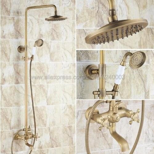 Antique Brass Bathroom 8" Rain Shower Set Wall Mounted Faucet Mixer Tap with Hand Sprayer Krs122