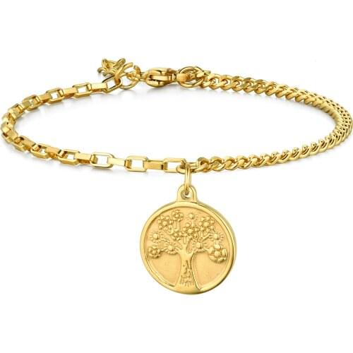 BONISKISS New 2020 Fashion Gold color Round shape Charm Tree Of Life Bracelets&Bangle Stainless Steel Bracelet Jewelry Gift