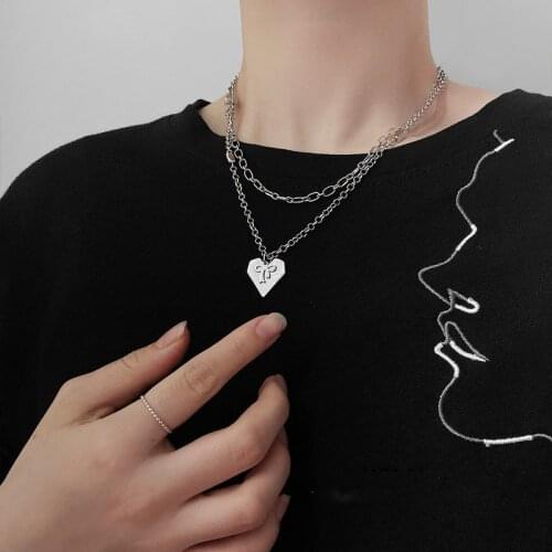 Origin Summer Love Heart Bow-knot Pendant Necklace for Women Girl Double Layer Metal Silver Color Chunky Chain Necklace Jewelry