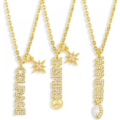 FLOLA White Stone Letter Courage Garteful Necklace For Women CZ Rhinestone Necklace Pendant Gold Plated Jewelry Gifts nkev45