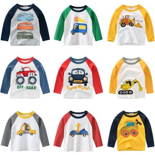 Kids Boy T-Shirt Spring Autumn Childrens Toddler Long Sleeve Cartoon Car Excavator Tops Clothing