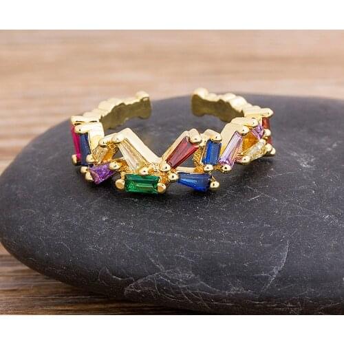Geometric Rainbow Cubic Zirconia Open Ring Gold Copper Adjustable Rings Colorful Crystal Charm Jewelry Gift For Women Girls