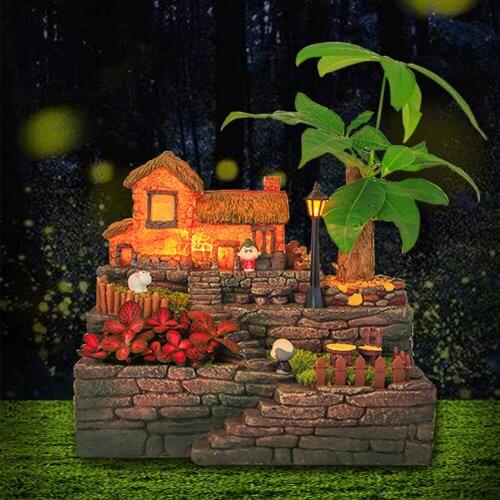 Countryside Small Town House Design DIY Resin Bonsai Flowerpot Indoor Potted Plants Gift For Valentines Day Birthday With Light