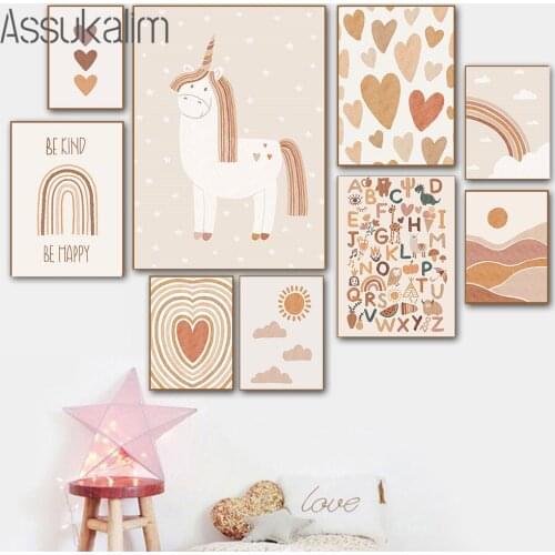 Unicorn Canvas Painting ABC Poster Sun Rainbow Print Heart Nursery Wall Prints Nordic Wall Pictures For Living Room Decoration
