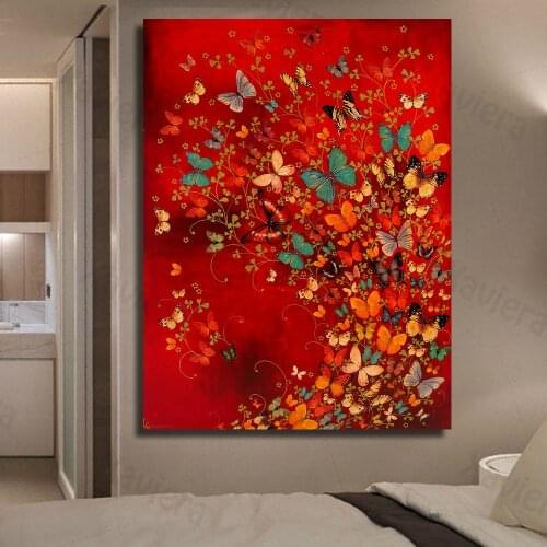 Chinese Style Red Frameless Wall Art Canvas Painting Color Butterfly Painting and Printmaking Home Decoration Living Room Poster