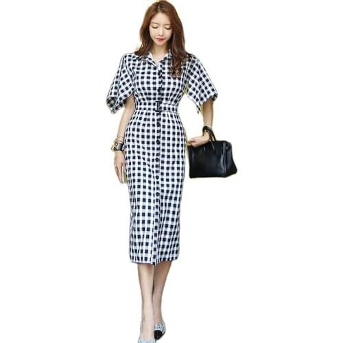 Summer shirt one piece korean ladies Dresses Short Sleeve V neck traf Sexy Midi Party Dress for women plaid clothing