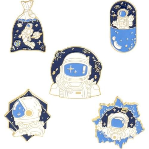 Cute Astronaut Enamel Pins Custom Space Universe Explore Planet Stars Brooches Shirt Lapel Pin Badge Bag Jewelry Gift for Kids