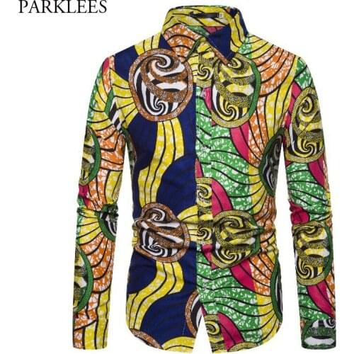 Fashion Dashiki African Print Shirt Men 2019 Brand New Batik Wax Cotton Mens Dress Shirts Long Sleeve Hip Hop African Clothing