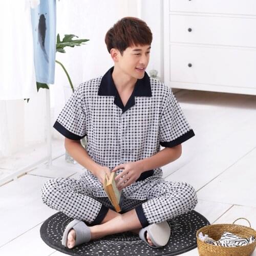 Mens Cotton Pajama Set Simple Dot Short Sleeve Long Pants vetement homme luxe Luxury Men Clothes Sexy Man Nightwear