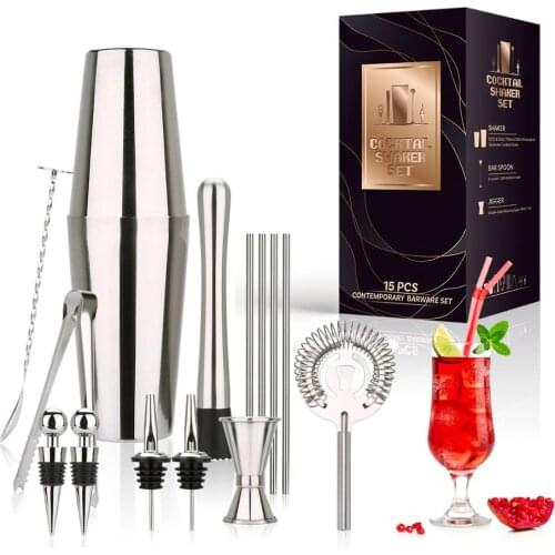 Cocktail Shaker Bar Tool Set - 15 Pcs 304 Stainless Steel Bartender Kit - All Accessories for Home Bar Party DIY - 650 / 750ml