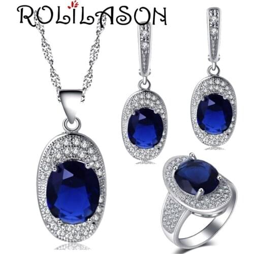 ROLILASON Silver ingots blue For women Earrings Necklace Rings Jewelry Sets USA size #6#7#8#9#10 JS720