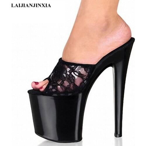 LAIJIANJINXIA New Womens Shoes 23cm High-Heeled Shoes Solid Platform Slippers Lace Sweet Embroider Sexy Party Stripper Shoes